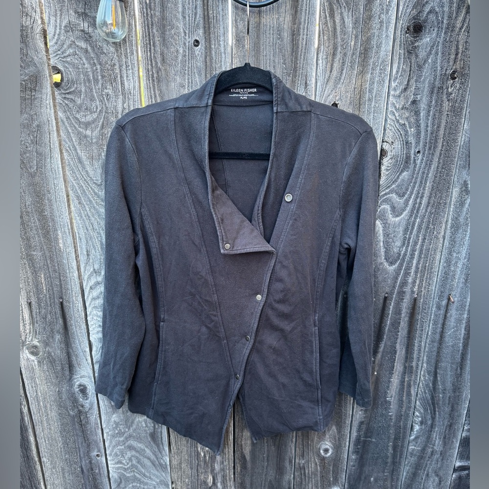 Eileen Fisher Asymmetrical Snap Front Cotton Jacket Black Size Petite Large - Picture 2 of 16